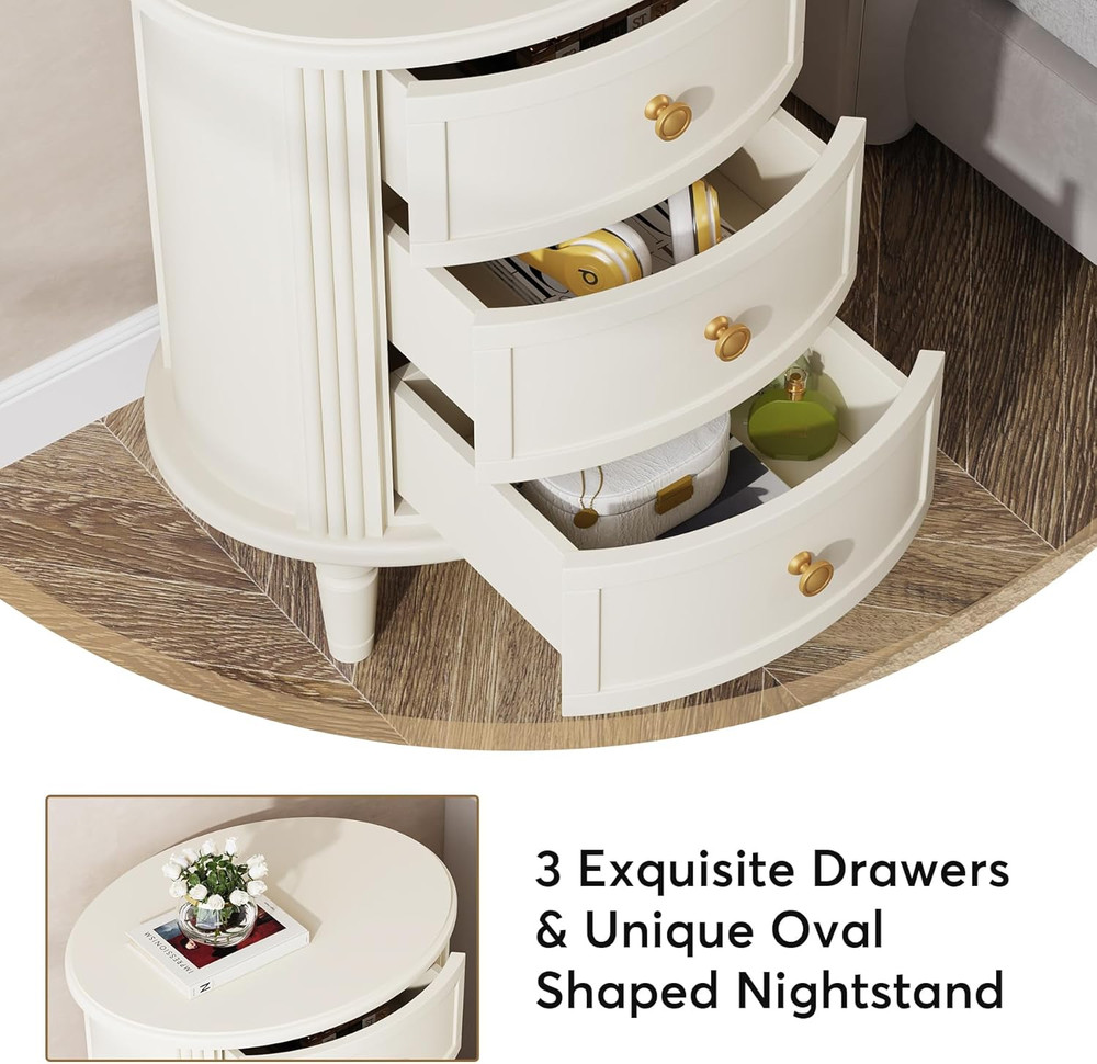 Nightstand with 3 Drawers, Oval Bed Side Table for Bedroom, Fully Assembled, Far
