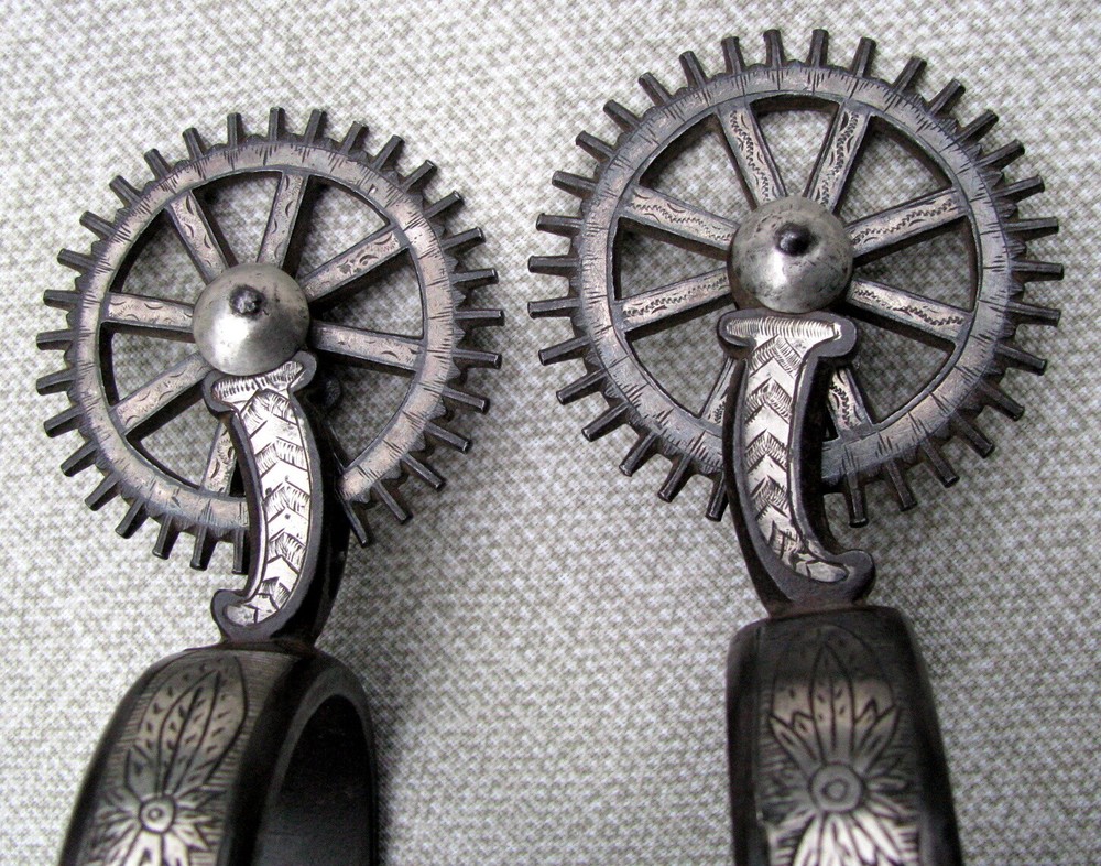 SPANISH COLONIAL TRANSITIONAL DBL MTD ENGRAVED 2 PATTERN CLOCK GEAR ROWELS c1850