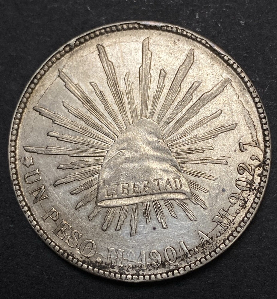 1901 Mexico Silver Peso Obverse & Reverse Lamination Left Extra Leaf Mint Error