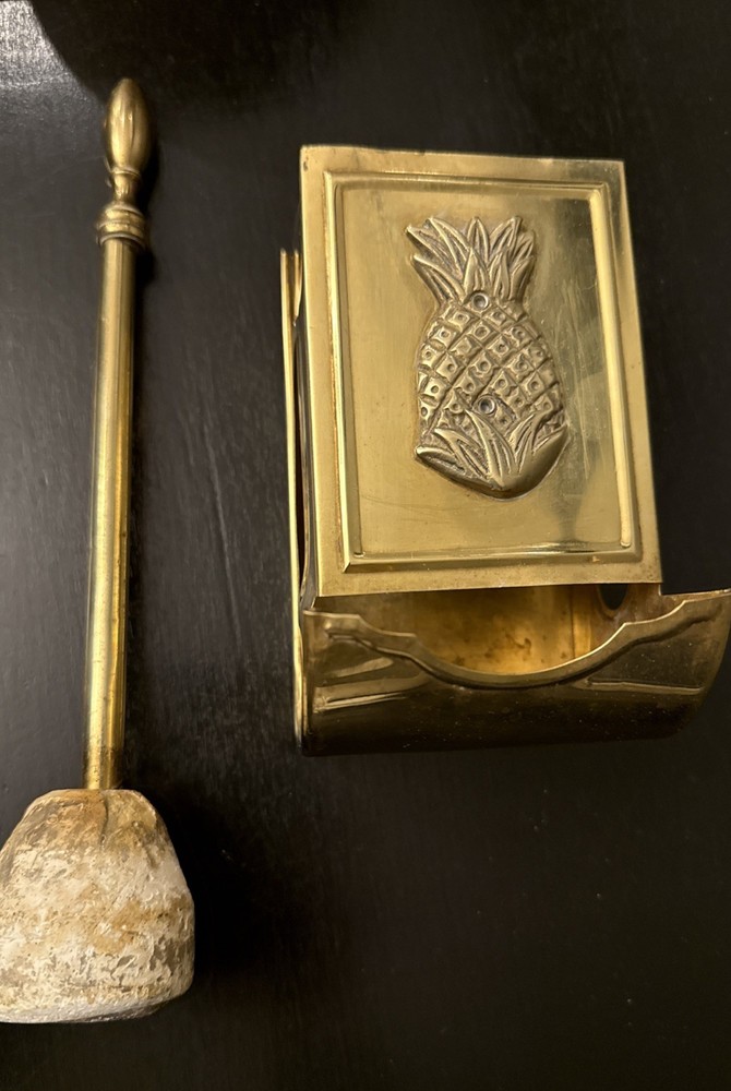 Vtg Brass Wall Mount Pineapple Matchbox Holder fireplace fire starter wand