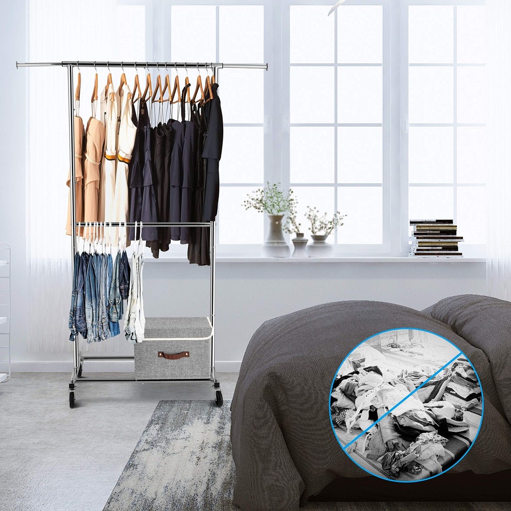 Double Rod Clothes Rack Rolling Garment Organizer Chrome
