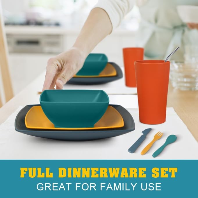88-Piece Kitchen Plastic Wheat Straw Square Dinnerware Sets for 8, Dinner/Sal...