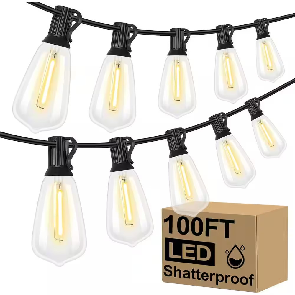LED Outdoor String Lights 100FT Vintage Edison Bulbs Shatterproof Plug In
