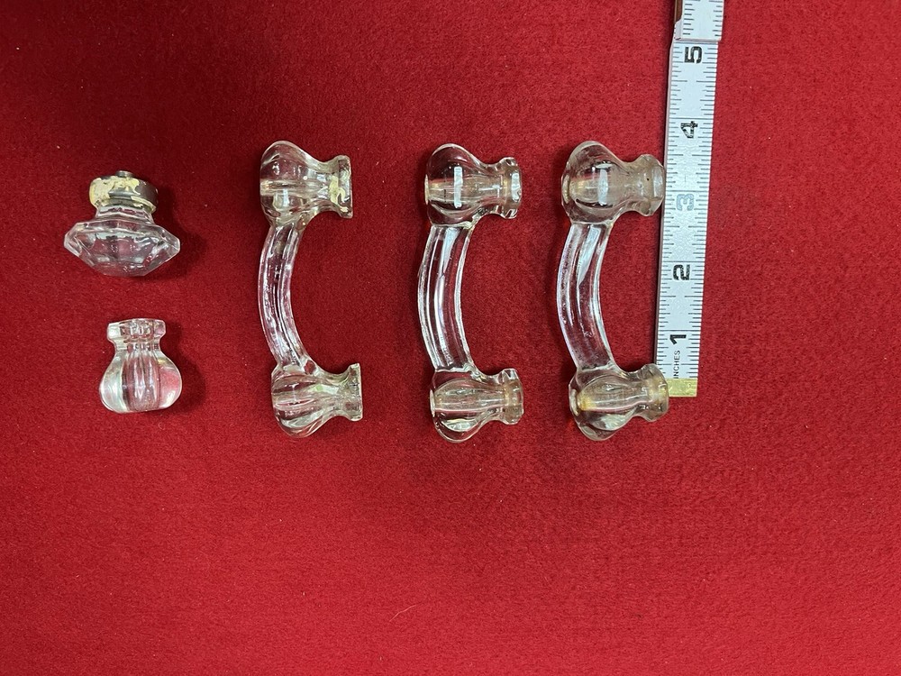 5 Antique Glass Pulls And Drawer Knobs