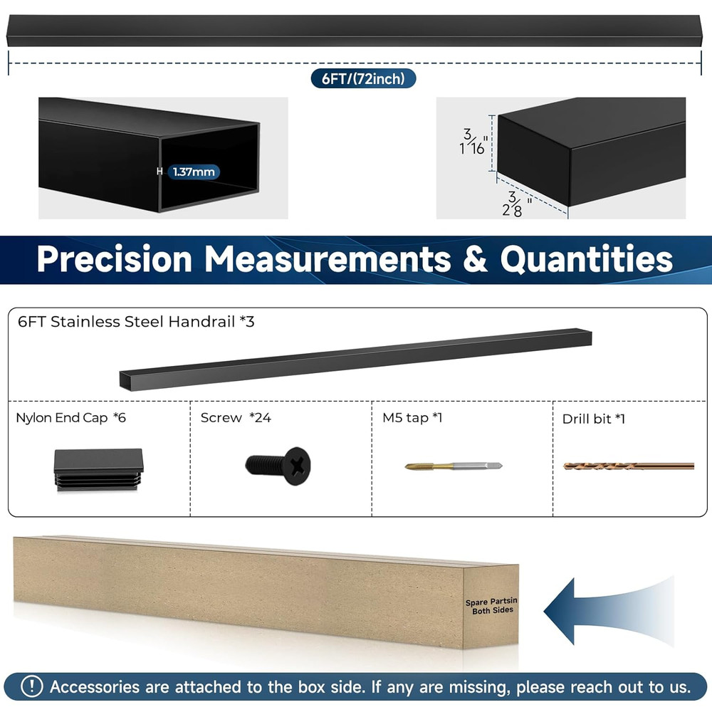 6FT Stainless Steel T304 Handrail Black, 3 Pack Rectangular Cable Railing Handra