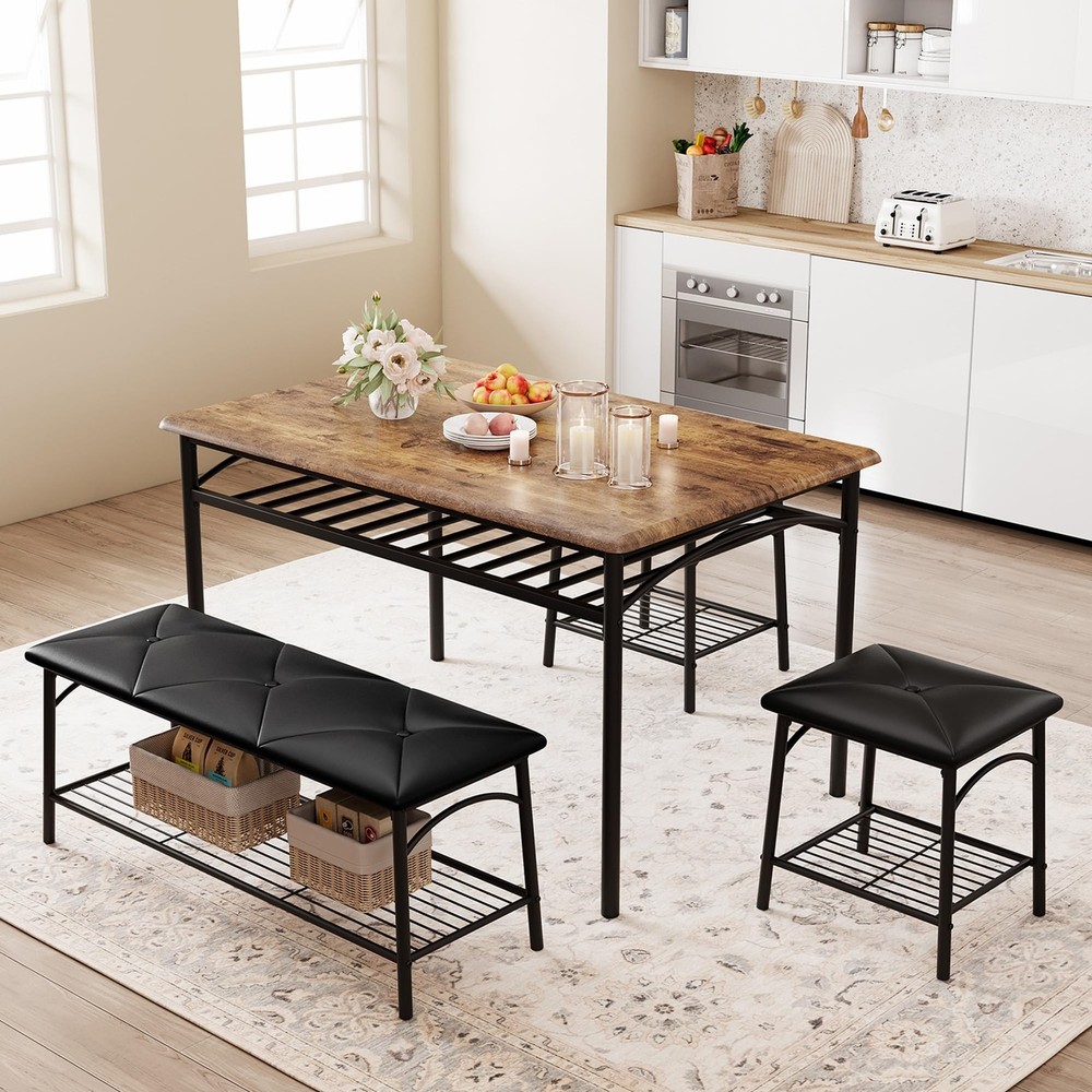 4pcs Dining Set for Small Spaces Kitchen Table w/ Upholstered Bench & 2 Stools