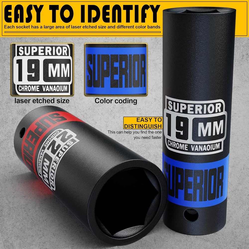 14 Piece 1/2" Drive Impact Socket Set, 8 mm - 22 mm Deep Socket, Metric Socket