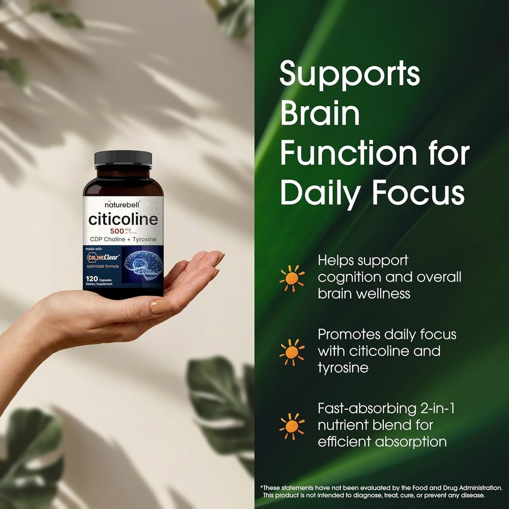 NatureBell Citicoline 500mg - 120 Capsules - Brain Function Support for Adults -