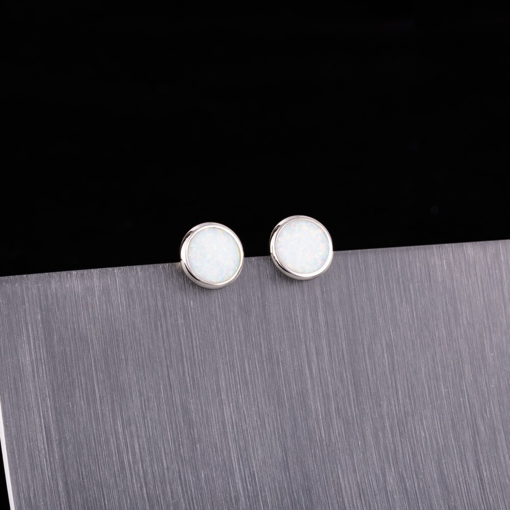 Round White Fire Opal Silver Jewelry Stud Earrings