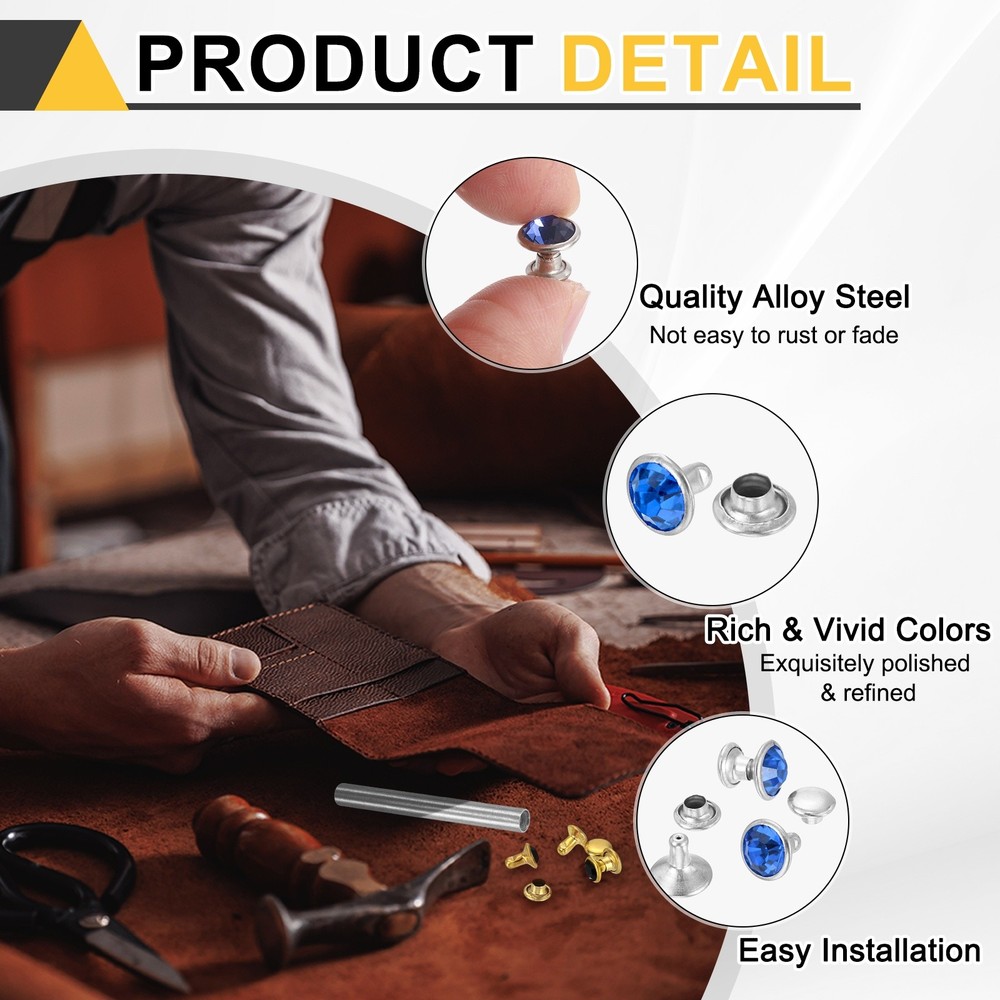 100pcs Crystal Rivets 8mm Rhinestone Stud with Tool, Silver Light Blue