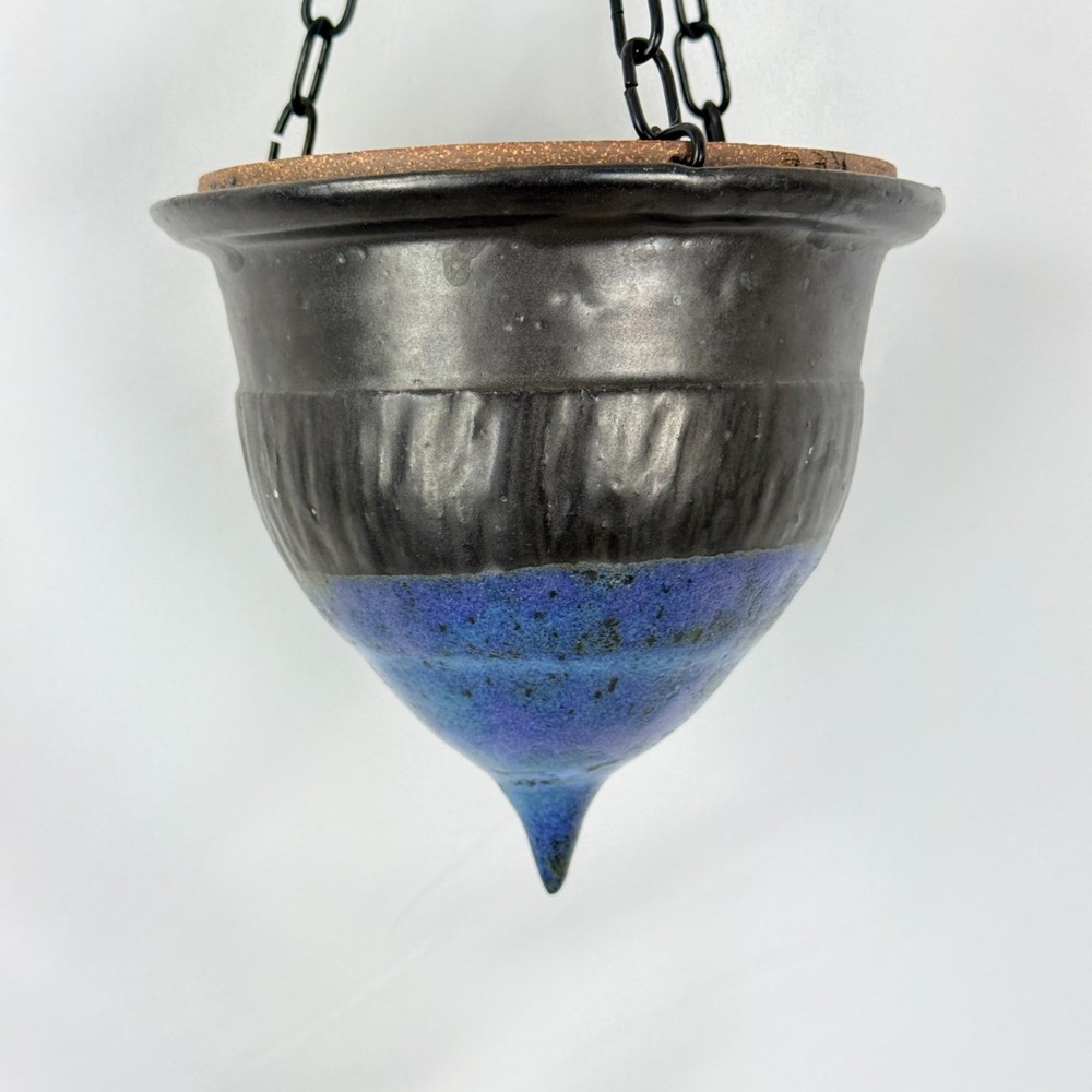 Studio Pottery Hanging Planter Blue Black Glaze REZ Signed