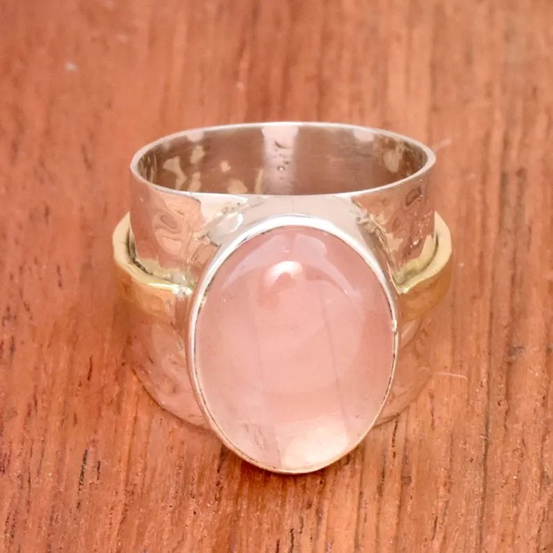 Solid 925 Sterling Silver Rose Quartz Oval Gemstone Hammered Wide Band Ring
