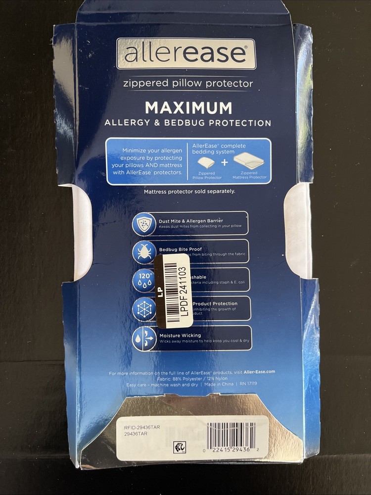 Allerease Zippered Pillow Protector King 20”x36” Max Allergy & Bedbug Protection