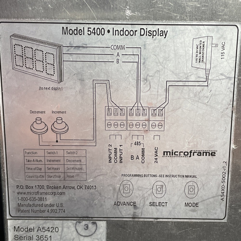 Microframe 5400 2-Digit Take-A-Number LED Display Power Supply & Remote Control