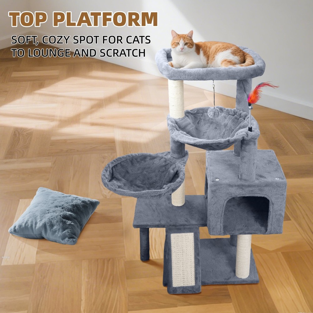 37" Cat Tree Tower 3-Tier Compact Condo with Scratching Post Hammock Grey