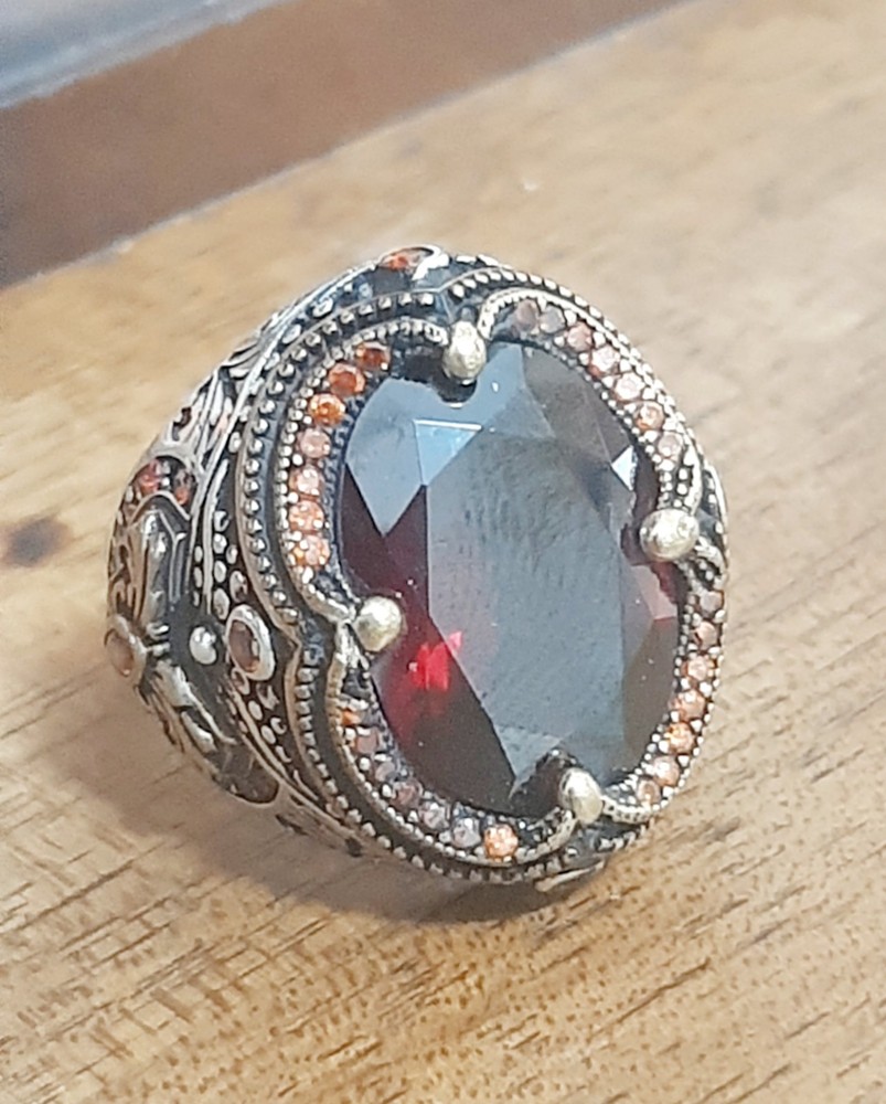 925 SILVER RING Men Solitaire Garnet Ring Sterling Man $