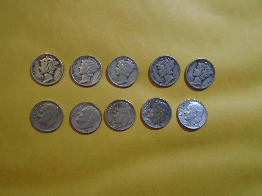 10 SILVER DIMES ASSORTED, SILVER COINS  ( 10 SILVER DIMES ASST. ) FREE SHIP