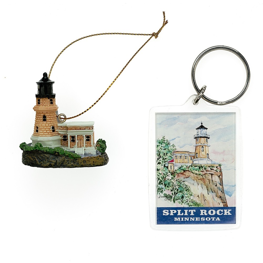 Set of 2 Split Rock Lighthouse 2 1/2" Keychain and 2" Ornament