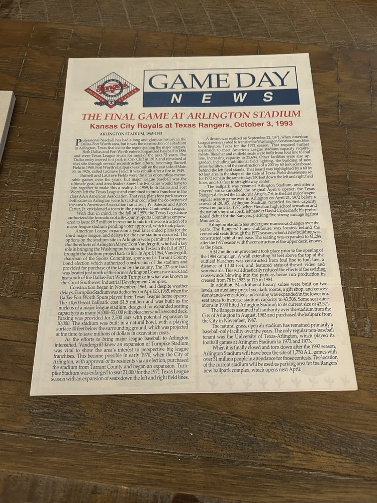 Texas Rangers Souvenir Program Final Game At Arlington Stadium 1993
