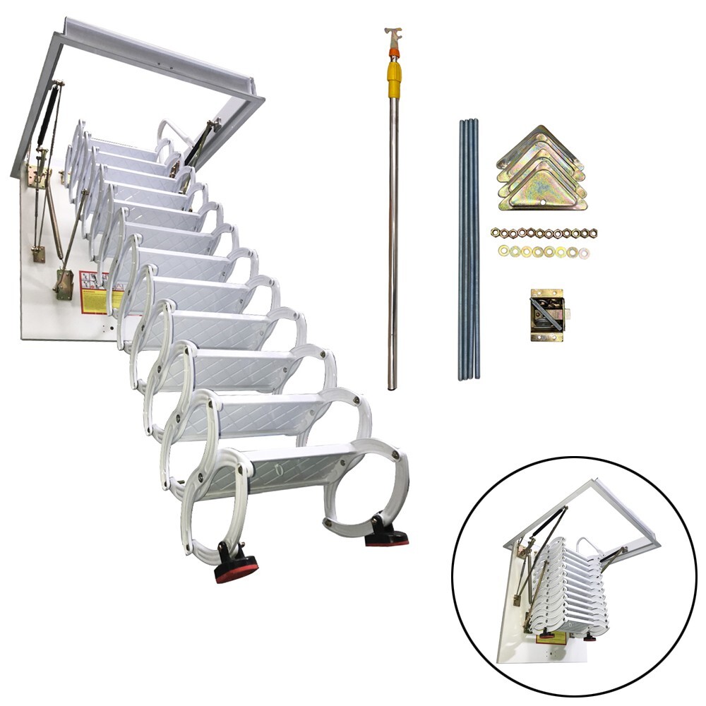 White Attic Pull Down Ceiling Ladder Stairs Folding Telescoping 600lbs 12 Steps