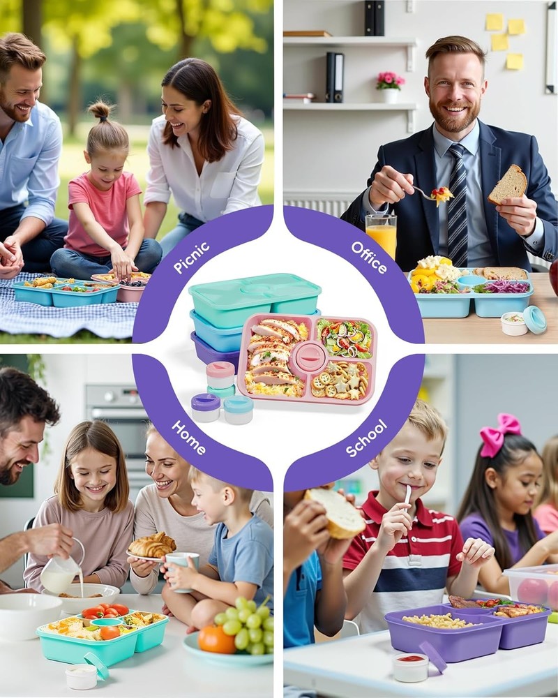 4 Pcs Bento Snack Box Containers, 4 Compartment Divided Stackable Food Storage C