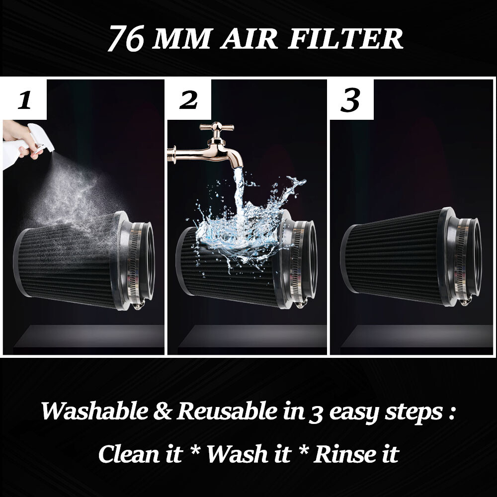 3" 76mm High Flow Inlet Dry Air Filter Cold Air Intake Cone Replacement Black