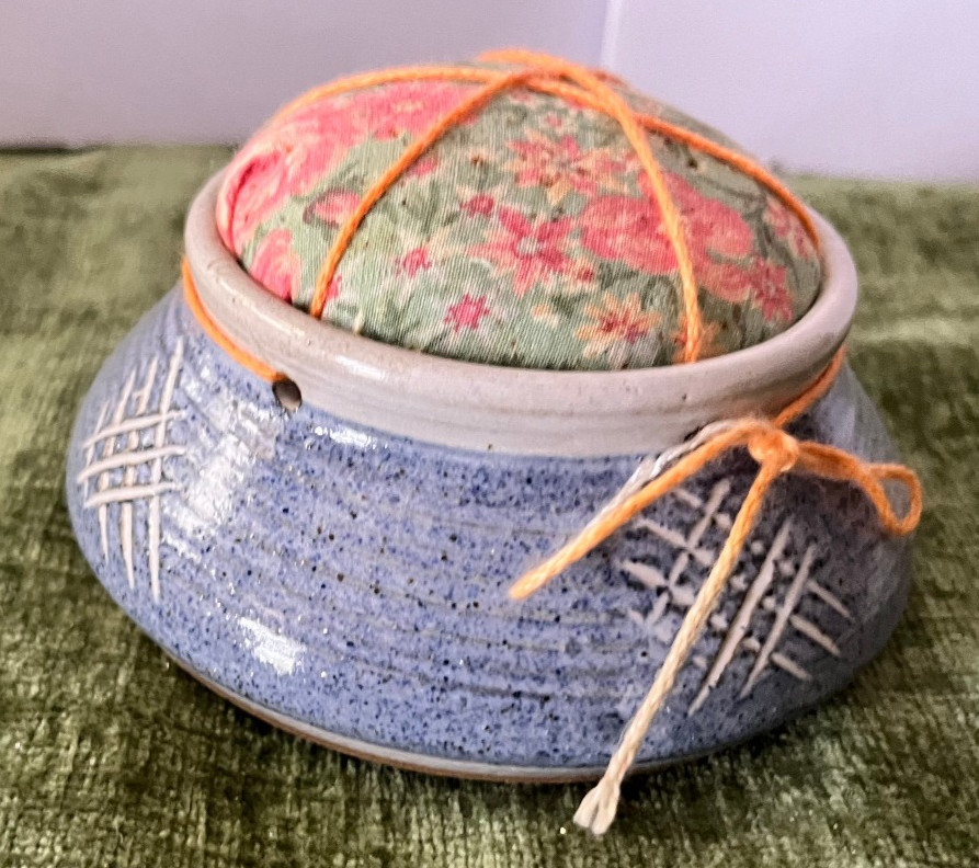Ceramic Blue Glazed Pottery Pin Cushion Hand made Artist Signed
