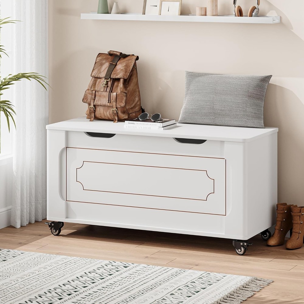 Versatile White Wood Storage Bench, Safety Hinge & Rounded Corner, 350lb Support
