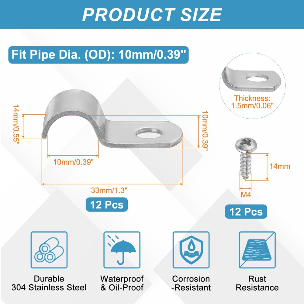 12Pcs 10mm(3/8") One Hole Rigid Pipe Strap with Screws, Silver