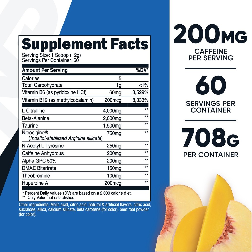 Nutricost Pre-Workout Complex Powder (Peach Mango) 60 Serivings