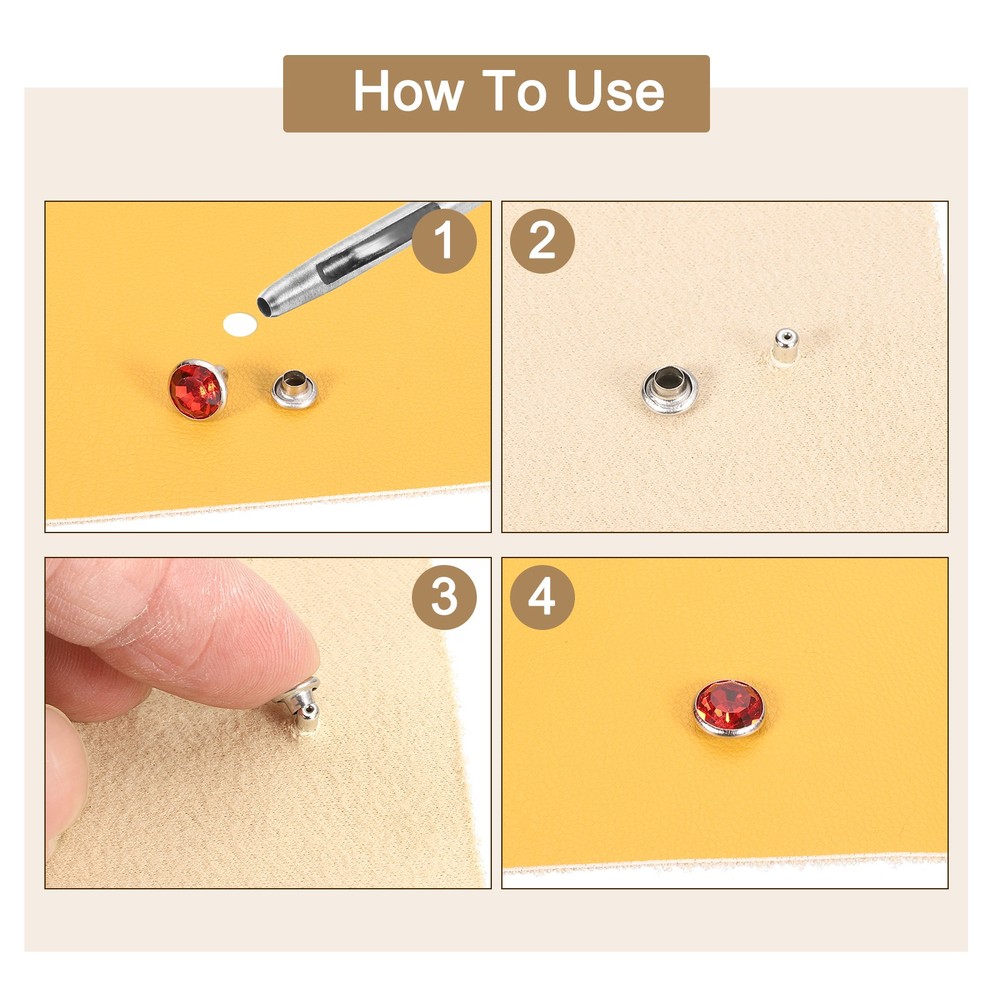 60 Sets Rhinestone Rivets, 8mm Crystal Rivets Leather Rivets, Red