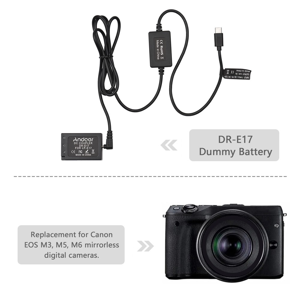 Andoer PD Cable To DR-E17 Dummy Battery DC Coupler LP-E17 LRSZ