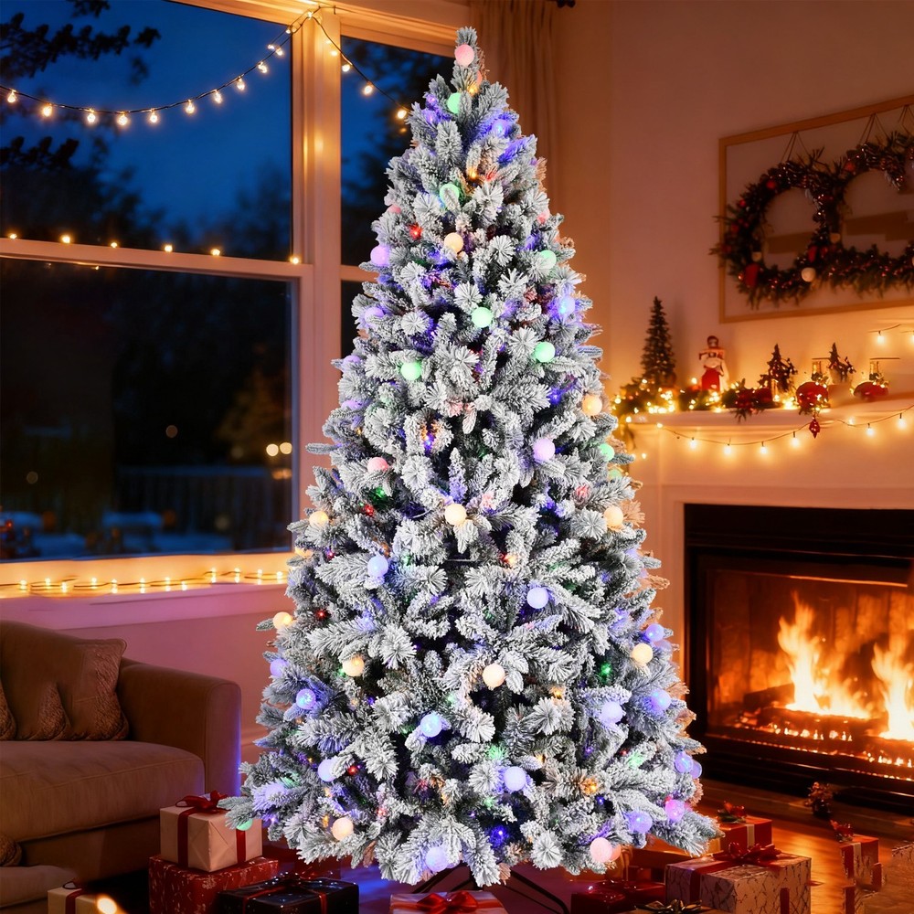 Artificial 7.5ft Flock Christmas Tree 1523 Mixed Branch Tips 400 lights Decor