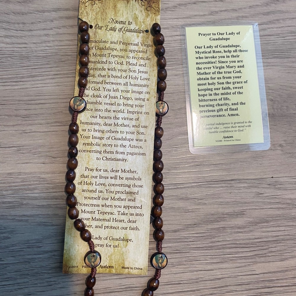 Our Lady of Guadalupe Devotional Cord Rosary Wood + Laminated Prayer Card Cross