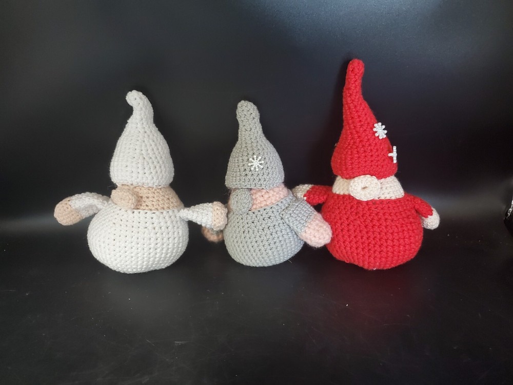 3 Small Crocheted Gnomes Red Grey White 6.5" *L
