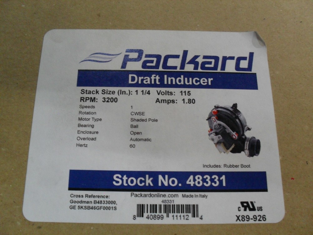 Packard 48331 Draft inducer replace Goodman ect. 115V 3200RPM