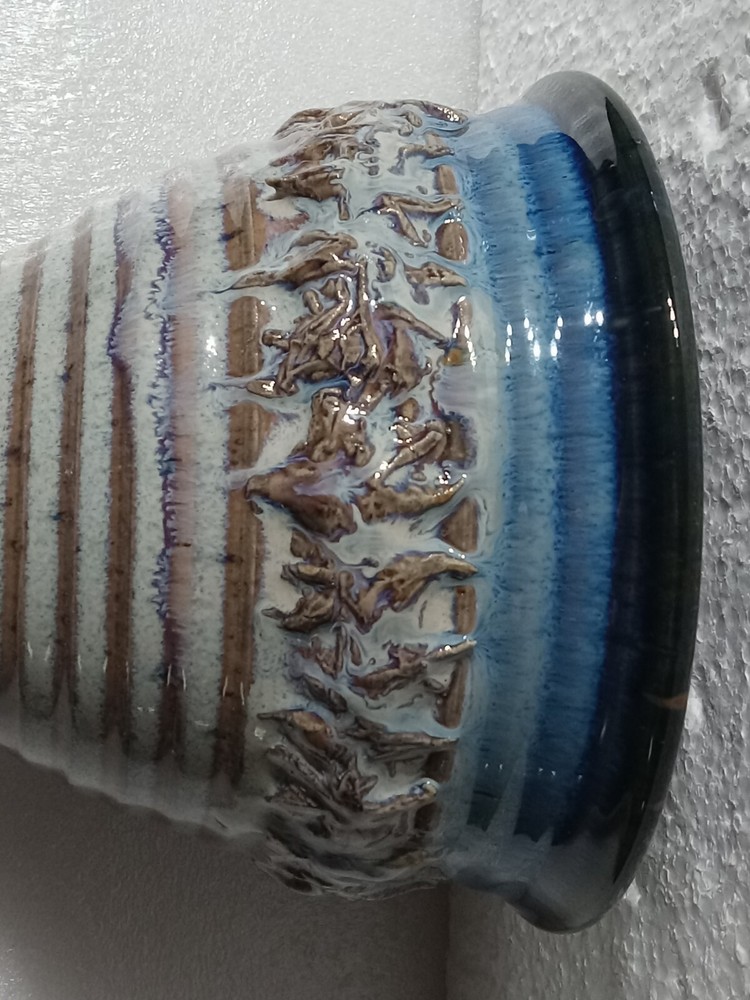 Ceramic Stoneware Chalice & Paten Set Scripture/Crown Thorns Pastel Blue Signed