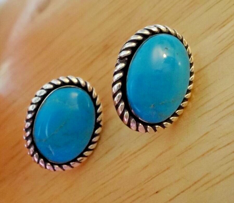 Sterling Silver 19x14mm oval shape Handcrafted Turquoise Navajo Stud Earrings