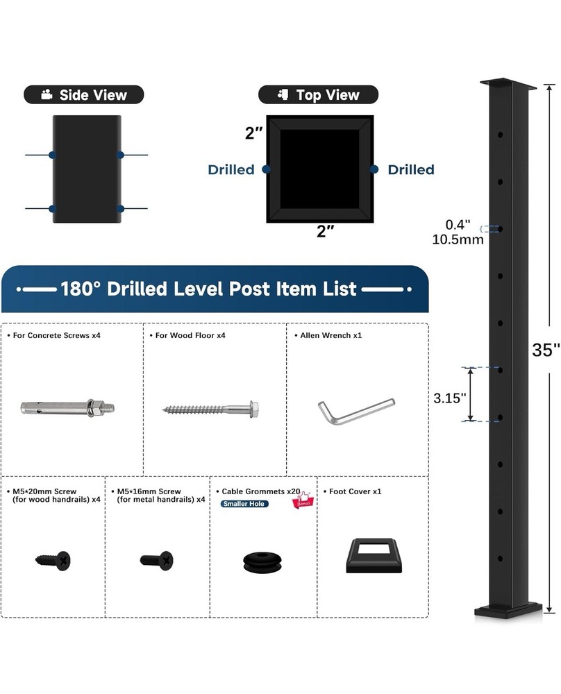 36" Cable Railing Post, Fixed Top Level Drilled Line Post with Cable
