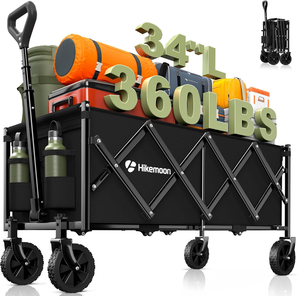 34'' Extra Long Collapsible Wagons Carts Foldable, 360LBS Heavy Duty Folding Bea