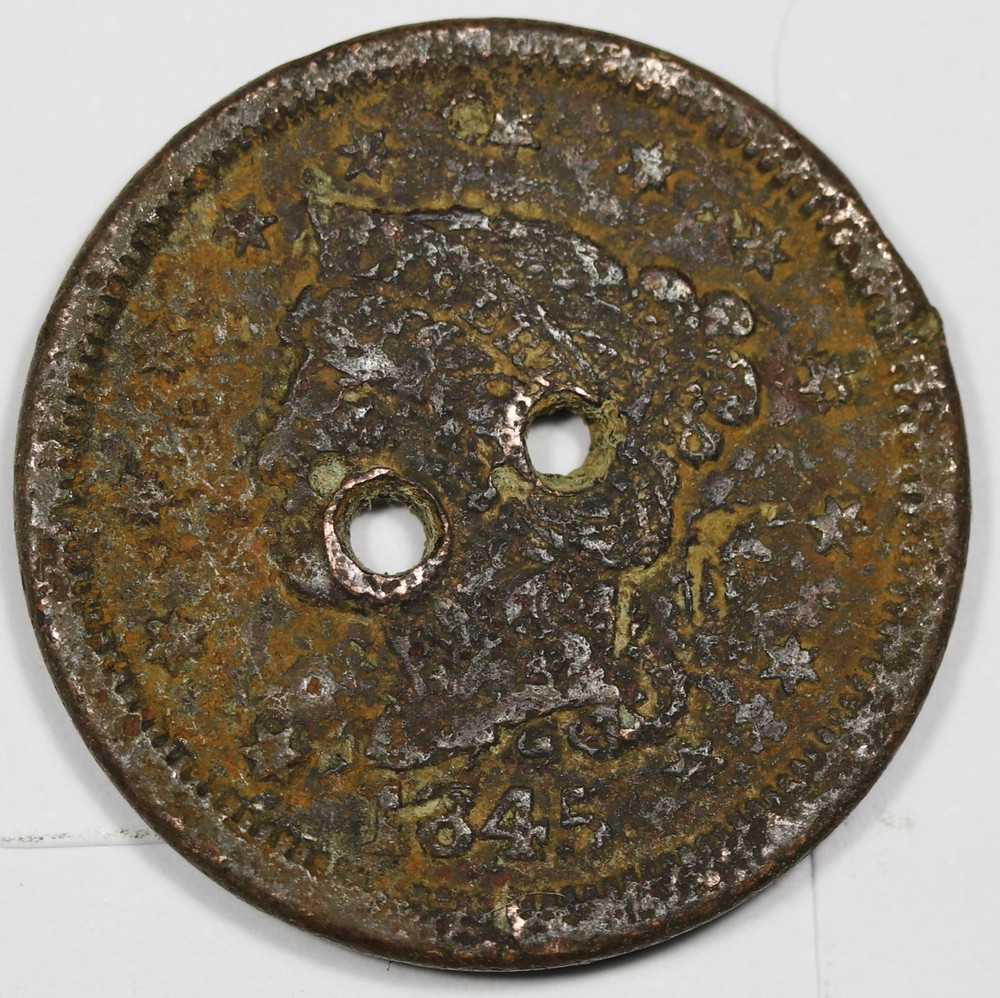 1845 Large Cent.  Double Holed.  212596
