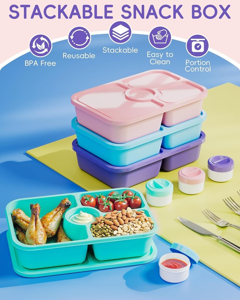 4 Pcs Bento Snack Box Containers, 4 Compartment Divided Stackable Food Storage C