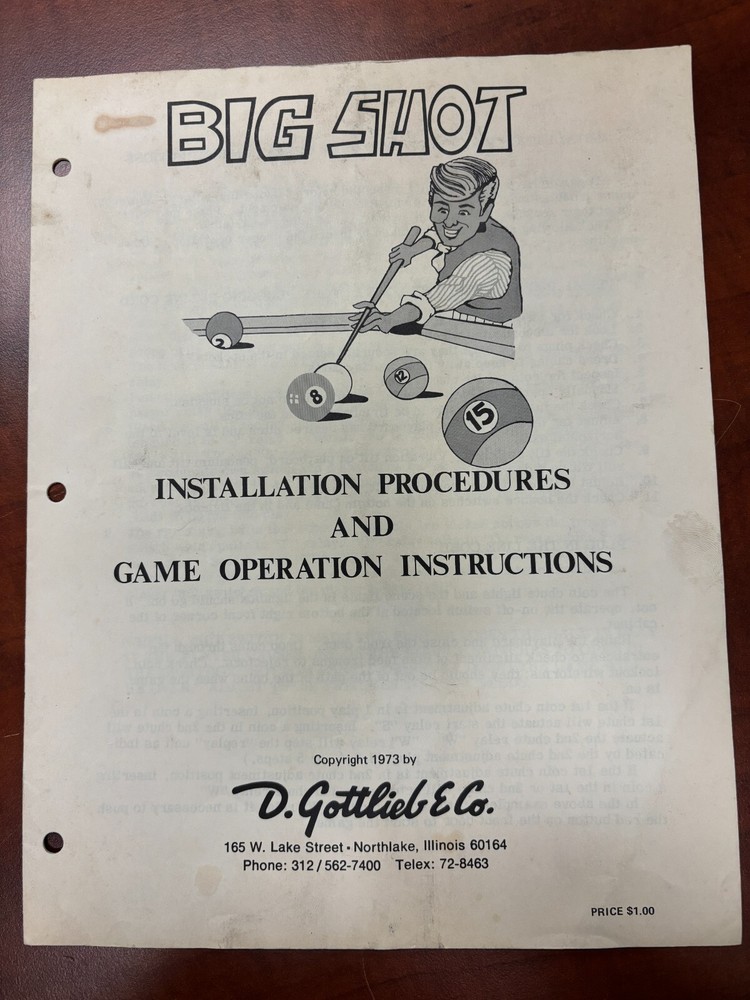 ORIGINAL-GOTTLIEB-BIG SHOT-INSTALLATION & OPERATIONS INSTRUCTIONS-SCHEMATICS