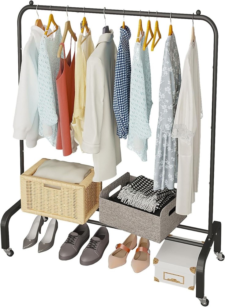 Durable Black Rolling Garment Rack with Bottom Shelf for Coats & Clothes