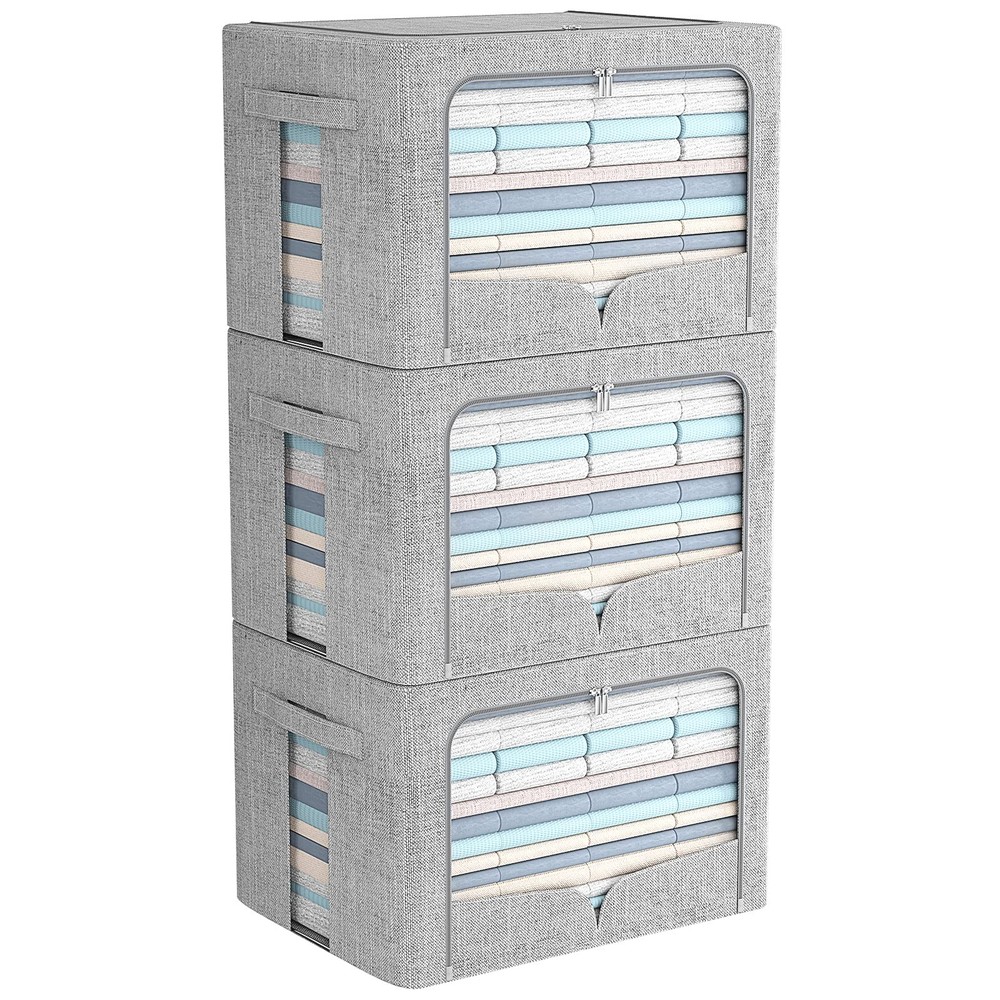 3 Pack Clothes Storage Bins Foldable Metal Frame Storage Box Stackable Linen ...