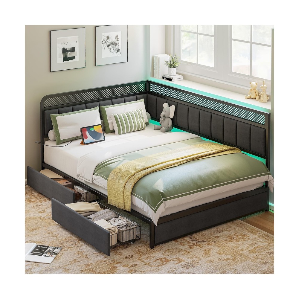 LIKIMIO Full Corner Bed Frame with Storage Drawers and Charging Station, Mode...
