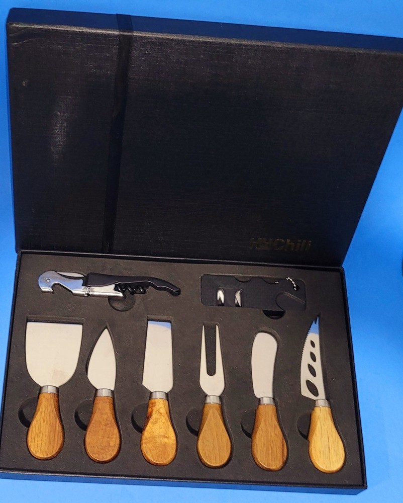 Hychill Serving Ware - 8PC Set Cheese Knives - Sharpener and Wine Opener