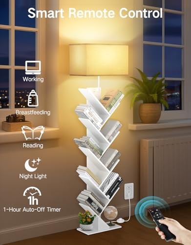 9 Tier Tree Bookshelf with Light, Remote & Timer, Dimmable Tall Floor White