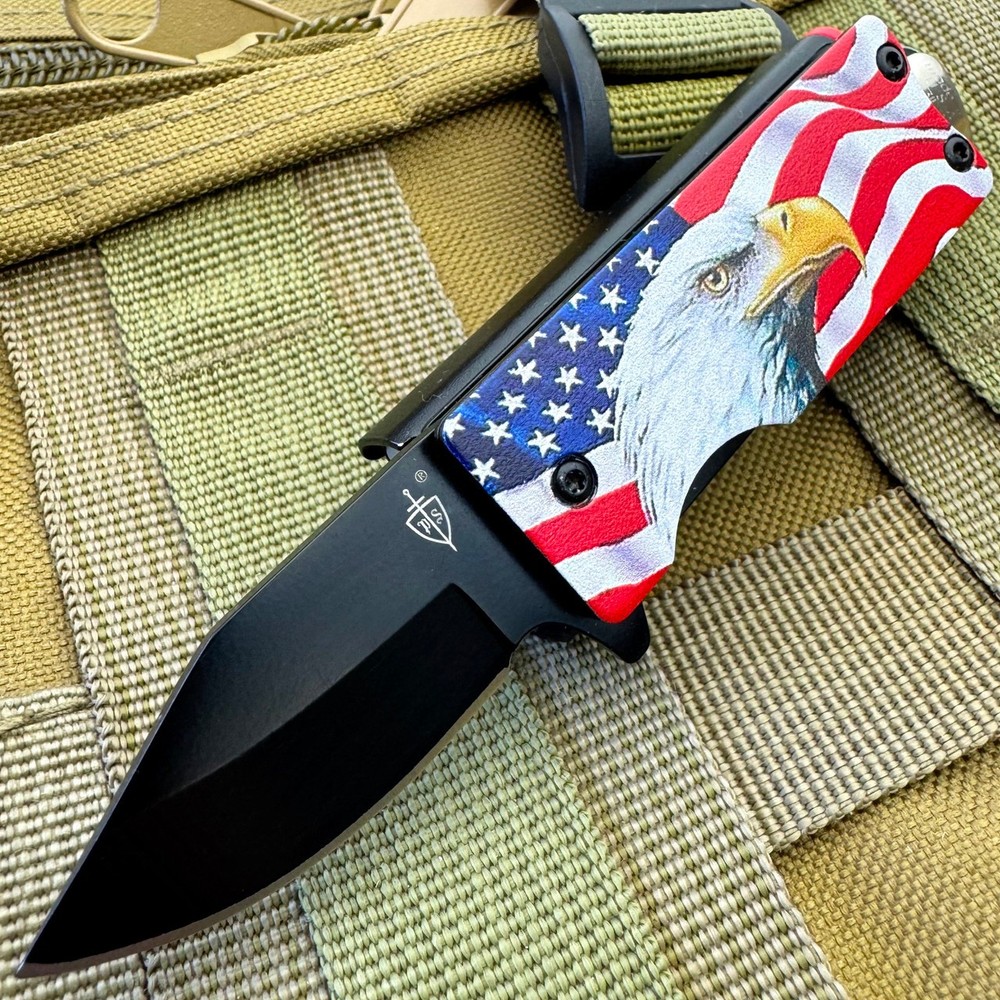 Lighter Holder Folding Pocket Knife Spring Assisted Open BIC Lighter Bald Eagle