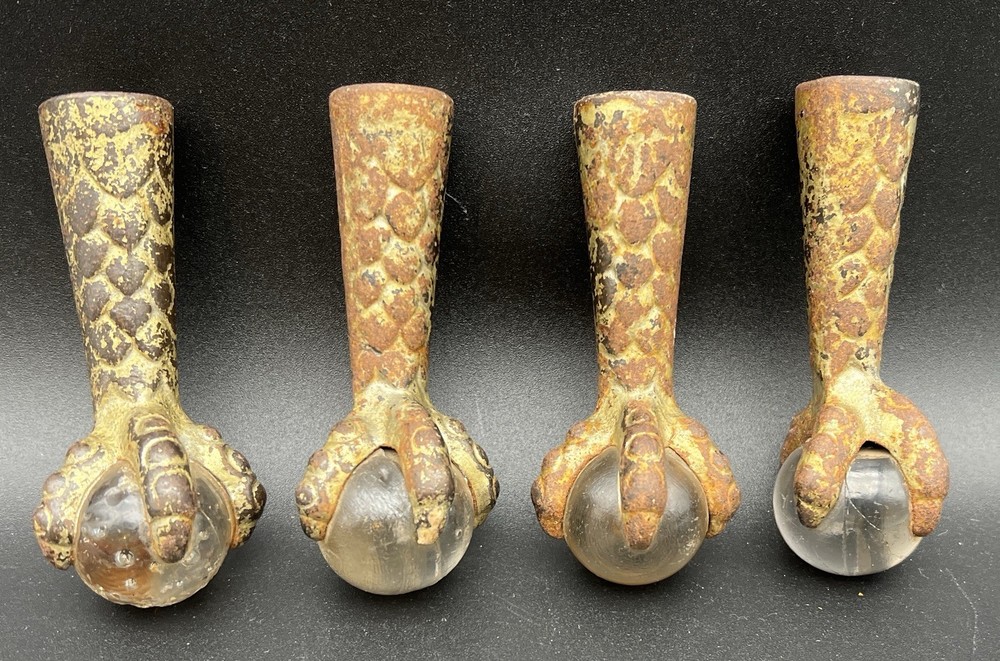 Set of 4 Antique Eagle Claw & Glass Ball Cast Iron Table Leg Casters